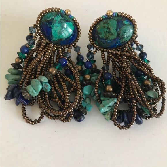 Vintage 80’s Turquoise & Blue Long Drop Clip On Earrings with Gold Tone Beads. - Picture 4 of 10